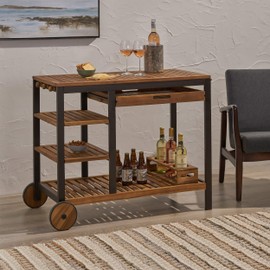 Christopher Knight Home Ishtar Indoor Wood and Iron Bar Cart with Drawers and Wine Bottle Holders, Teak Finish, Rustic Metal