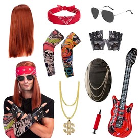 Punker Rockstar Kostüm Accessoires Herren, Rocker 80er 90er Jahre Outfit, Punk Gothic Kit mit Bandanas, Rocker PerüCke, Punk Handschuhe, Tattoo Sleeve, Punk Kette, Aufblasbare Gitarre, Jeanskette