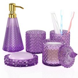 Purple Bathroom Accessories Set, 5 Pcs Clear Glass Bathroom Accessories with Lotion Soap Dispenser, Soap Dish, Toothbrush Holder, Bathroom Tumbler, Cotton Swab Jars