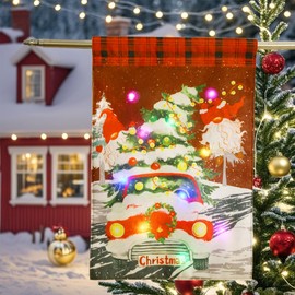 Alupssuc Lighted Christmas Garden Flag for Outside, Led Christmas Tree and Car Garden Flag, Winter Yard Flag 18x12 Inch Double Sided for Outdoor Yard Porch Lawn Decoration, Colorful Light Xmas decor Red