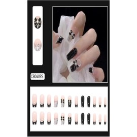 CLOGRATIA Nail Tips Landmine Style Black Korean False Nails Mass-Produced Type Ribbon Pitch Black 3D Subculture Otaku Activity (Black Ribbon)