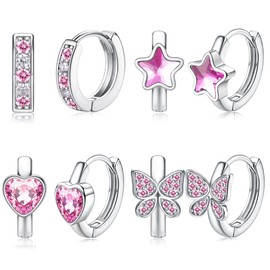 JeweBella 4 Pairs Small Hoop Earrings Silver Set for Women Girls Earrings Silver Heart Star Butterfly Zirconia Hypoallergenic Hoop Earrings Children Pink Purple Blue Children's Earrings Girls, Copper