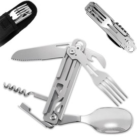 EKEJLI Juego de cubiertos camping 5 en 1, cubiertos plegables multifuncionales，navaja multiusos, navaja tactica，cubiertos de acero inoxidable portatil，adecuado para viajes al aire libre y camping