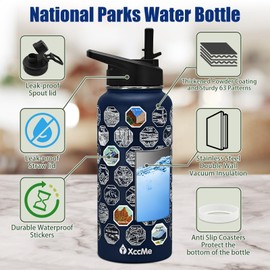 XccMe National Parks Water Bottle with Stickers,32 oz Stainless Steel Insulated Water Bottle with Straw,2 Lids,Leak Proof Metal Water Cup for Hiking,Travel,Sports,Camping,Wide Mouth Bottle