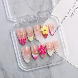 Handmade Press on Nails - Luxury 3D Rose Red Yellow Flower Medium Almond False Nails Salon Quality French Tip Design Handmade Floral Artificial Fingernail Stick on Nail for Women（Size S）