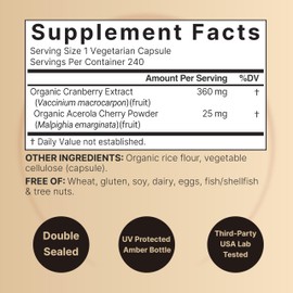 NatureBell Cranberry Pills with Acerola, 240 Veggie Capsules | Fresh Cranberries Extract – Organic Ingredients – Supports Urinary Tract Health – Sugar Free