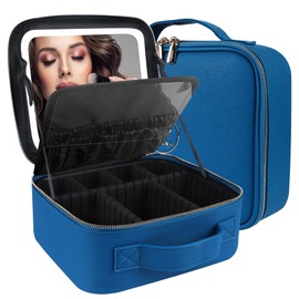 MOMIRA Travel Makeup Bag Cosmetic Bag Makeup Organizer Bag with Lighted Mirror, Adjustable Brightness in 3 Color Scenarios, Waterproof Makeup Train Case, Gift for Women - Cyan Blue