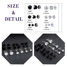Feilok 6 Pairs Stainless Steel Men's Women's Stud Earrings Zirconia Earrings Set 3-8 mm Basic Piercing Tunnel Black White Men Gift for Friend, Stainless Steel