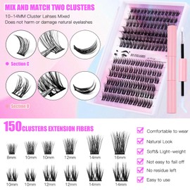 Eyelash Extension Kit, 150 PCS 30D+40D Mix Lash Clusters False Eyelashes with Lash Bond and Seal for DIY Lash Extension Kit (Black, A)