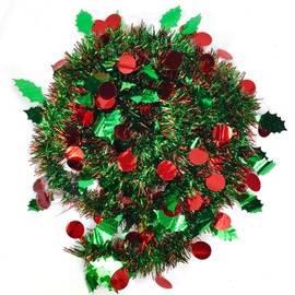 32.8ft Christmas Tinsel with Frosted Tip Leafs and Red Berry,Shinny Metallic Twist Tinsel Garland for Christmas Tree Ceiling Hanging Stairs Decoration Holiday Party Supplies (Green)
