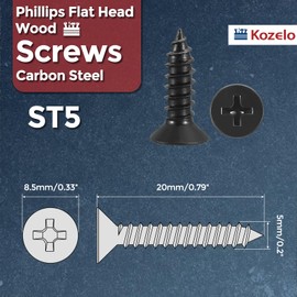 Kozelo 100pcs Phillips Flat Head Wood Screws - [ST5x20mm] Carbon Steel Countersunk Self Tapping Screws for Furniture Assembly, Interior Trim, Outdoor Construction, Black