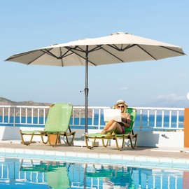 OVASTLKUY 15ft Extra Large Patio Umbrella, Double-Sided Outdoor Market Umbrella with Crank Handle for Poolside, Backyard, Garden, Deck (Khaki) No base