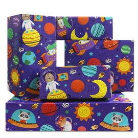Astronaut Outer Animal Space Travel Cracodile Panda Fox Pet Little Animal Wrapping Paper, Colorful Galaxy Gift Wrap For Kids Boys Birthday, Christmas, Baby Shower- (28"x20" Per Sheet, Folded flat 4-Sheets, 1-Designs: 15 sq. ft. ttl)