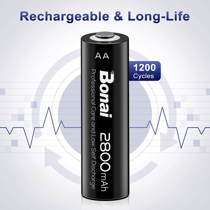 BONAI Rechargeable AA Batteries 2800mAh High Capacity, Recharge up to