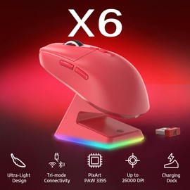 VGN Game Power Attack Shark X6 Superlight Kabellose Gaming-Maus mit RGB Ladestation, 49g Ultraleicht Mouse, 26000DPI, PixArt PAW3395, 2.4G/BT/Kabelgebunden, Bis zu 200 Std.Akku, G502, PC/Mac, Rot