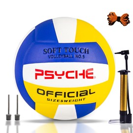 EWIEIAA balón de Voleibol， Pelota Voleibol Suave Interior y Exterior，Material Resistente al Desgaste，con Red de Bolas y Cilindro Inflable. (Azul Amarillo Blanco)