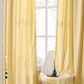 Treatmentex Yellow Velvet Curtains for Living Room 63" Soft Luxury Window Drapes Pom Pom Fringe Curtain Panels Decorative Cotton Feel Soft Curtains for Kids Room 2 pc