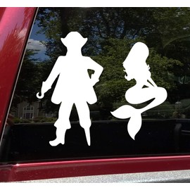 Silver - Pirate & Mermaid Vinyl Decals - 4" Tall Set - Window Bathroom Door Signs - Die Cut Stickers