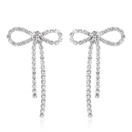 Elegant Bow Earrings Shiny Rhinestone Dangle Earrings Colorful Sparkly Crystal Long Tassel Bowknot Dangle Earring for Women-Silver