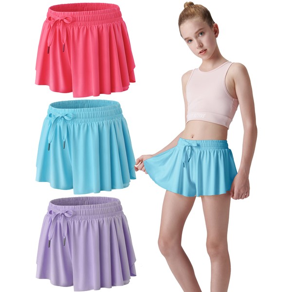 3 Pack Girls Flowy Shorts with Spandex Liner 2-in-1 Youth