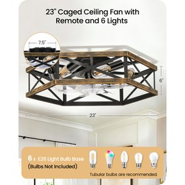 23" Farmhouse Flush Mount Ceiling Fan with Lights and Remote, 6 Light Sockets, Caged Low Profile Fandelier, 6 Speeds, Timer, Quite DC Motor, Bladeless Ceiling Fan, Black and Brushed Gold D03CF05