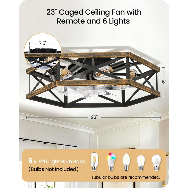 23" Farmhouse Flush Mount Ceiling Fan with Lights and Remote,