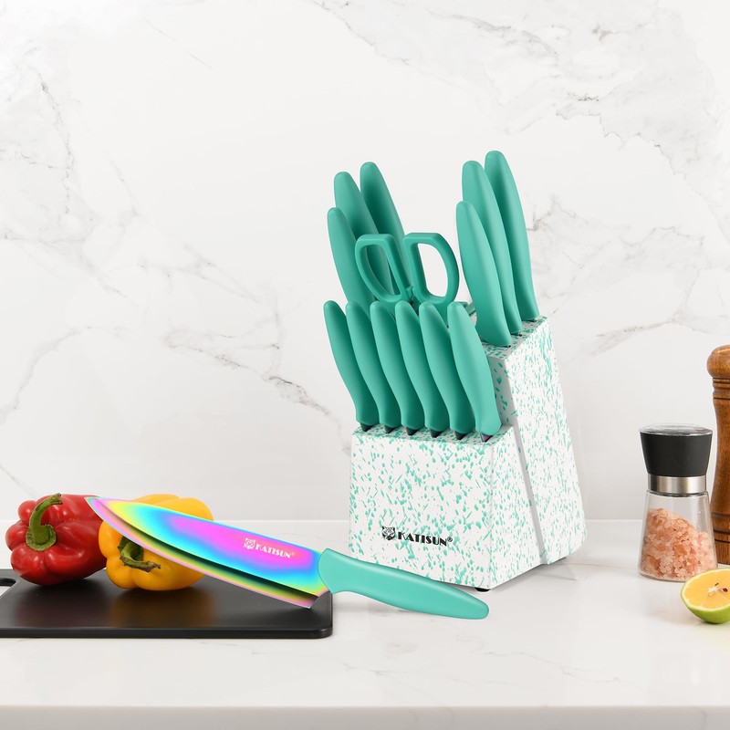 KATISUN Kitchen Knife Set with Block, 15 Piece Rainbow Titanium