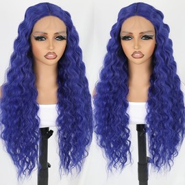 Maycaur Long Curly Lace Front Wigs Dark Blue Synthetic Lace Front Wigs with Natural Pre Plucked Hairline Deep Curly Glueless Wigs for Fashion Women