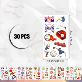 30pcs Baseball Temporary Tattoos, Team Party Supplies Sports Tattoos Stickers Cute Party Favors Sports Tattoos Temporary for Birthday Decoration Girls Boys Kids Classroom School Prizes Rewards