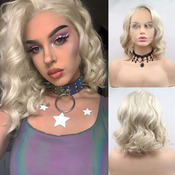 Angle Lucky Lace Front Bob Wig Synthetic Blonde Bob Wig Loose Wavy Curly 613# Blonde Side Part Half Hand Tied Hair Replacement Wig Heat Resistant Fiber Glueless Wigs for Women Cosplay Party 14 Inches