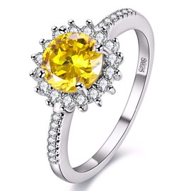Uloveido White Gold Plated Big Round Yellow CZ Engagement Ring,Simulated Citrine Wedding Party Rings Y3522 (Yellow, Size Q)