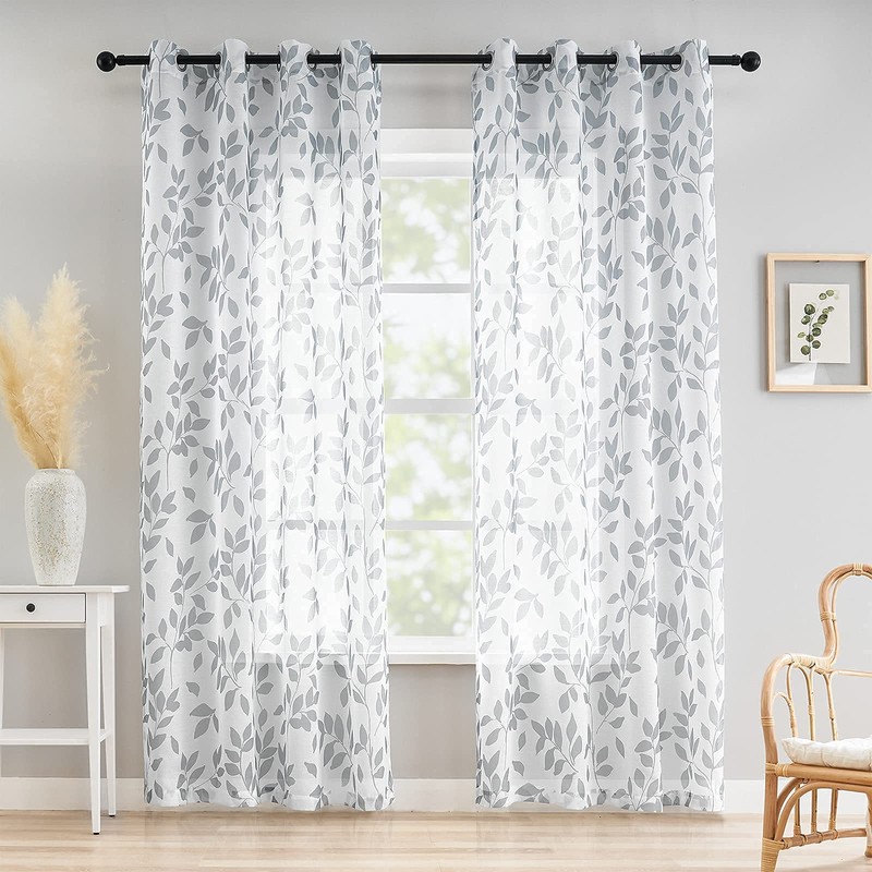 White Grey Leaf Sheer Curtains for Kids Bedroom 50 x