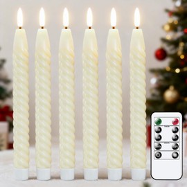 Lasumora Flameless Taper Candles Flickering with Remote Timer, LED Taper Candles Battery Operated Warm 3D Wick Spiral 6 Pack Real Wax Home Birthday Decor 9.8" Ivory