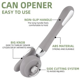 Can Opener Manual Tin Opener Stainless Steel Heavy Duty, Oversized Hand-held Easy Rotary Knob, Safe Cut Manual Can Opener with Non-Slip Handle, Smoother Cut Sharp Blade for Seniors Kitchen Tool, Grey