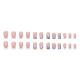 Valentines Press on Nails Medium Short Fake Nails with Blue Glitter Heart Designs White French Tip False Nails Press ons Nude Glue on Nails Valentines Day Stick on Nails for Women 24 Pcs