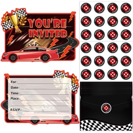 QAMEGX Car Birthday Invitations- Car Racing Birthday Party Invitations for Boys, Car Theme Greeting Card with Flag, Red Race Birthday Party Invitations with Sticker Labels 20 Envelope Gifts for Girls