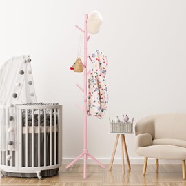 Cozivolife Kid's Coat Rack Stand Beech Wood Clothes Tree, Height Adjustable Freestanding Child Jacket Holder with 9 Hooks, Hanging Hats and Handbags, Hallway, Entryway,Bedroom, Easy Assembly (Pink)