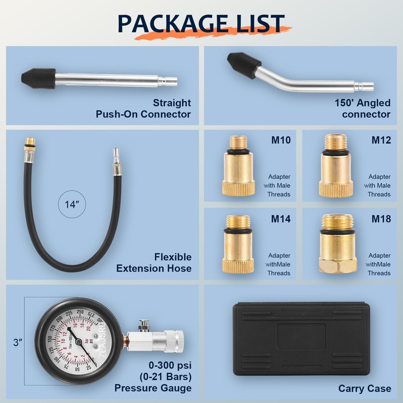 ZEAJSRU Engine Compression Tester Kit 8PCS, 0-300 PSI Cylinder Pressure