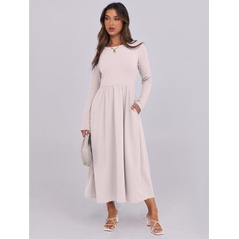 ANRABESS Women's Long Sleeve Midi Dress 2025 Fall Fashion Patchwork Ribbed Knit Tight Top Casual Flowy Swing Dresses Pockets Beige Large