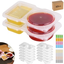 CJT Double Compartment Condiment Containers with Lids, New Disposable 2 Compartment Snack Containers, Portion Cups Reusable Plastic Snack Container for to-go Sauce, Sampling, Travel Snack-12PCS
