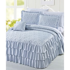Home Soft Things 4 Piece Matte Satin Ruffle Quilted Bedspread Set 24" Drop Ruffled Style Bed Skirt Coverlets Lightweight Reversible Bedding Set Cover, Queen 60" x 80" + 24", Light Blue