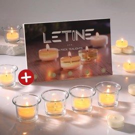 LETINE 24pcs Clear Tealight Candle Holder & 24pcs White, Smokeless, Unscented Soy Wax Tea Candles - Votive Candle Holders, Tea Lights Candles for for Christmas Decorations,Weddings Decor