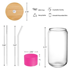 DAMCONME Glass Cups with Lid and Straw,Preppy Cups for Iced Coffee,Matcha,Mojito-16 Oz-Bamboo Lids-Dishwasher Safety-Brush-1 Brush - Rose Red