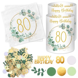 Pack of 20 80th Birthday Napkins + 12-Piece Lantern Table Decorations + 100 Pieces of Confetti, 80th Birthday Decoration, Green, Eucalyptus, Gifts for 80th Birthday for Women and Men