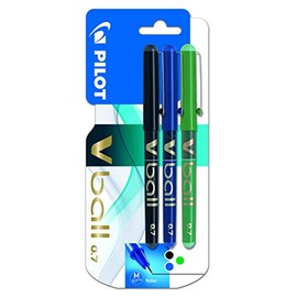 Pilot V Ball 07 Liquid Ink Rollerball Pens 0.7mm Tip Black/Blue/Green Ink Blistercard 3 Pens, 3131910540878UK