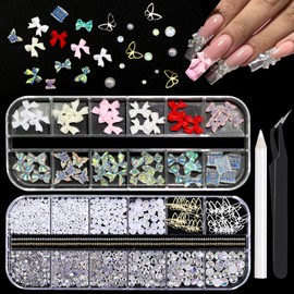 RODAKY 3D Nail Charms for Acrylic Nails Colorful Butterfly Bow Nail Art Charms Crafts Diamond for Nails Decoration Pearl Metal Nail Flatback Gem Crystal Rhinestones for Nail Design Charms DIY Crafts