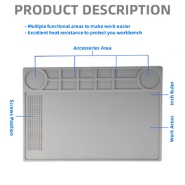 Kaisiking Silicone Repair Mat,Soldering Mat, Heat Resistant Work Mat for Soldering Stations, Phone, Computer, Laptop Electronics Repair 15.7'' x 11'' (Grey)