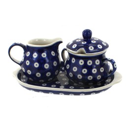 Blue Rose Polish Pottery Dots Sugar & Creamer with Tray