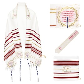 3 ARCHES USA, The Blood Of Yeshua The Messiah,Prayer Shawl from Israel Messianic Tallit Prayer Shawl- Red 72"x 22" Jewish Prayer Shawl with Bag, Scripture Corners & Hebrew Prayer