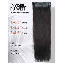 Remy Human Hair Extension Micro Ring PU Hair Extensions Invisible Beaded Weft Hair Extensions Human Hair Tape in Weft in Hair Extension Human Hair for Women Natural Black (30g 4Pcs,12 Inch)